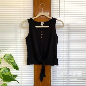 Paper Crane Women's Size Small Black Waffle Knit Crop Tank Top Tie Front